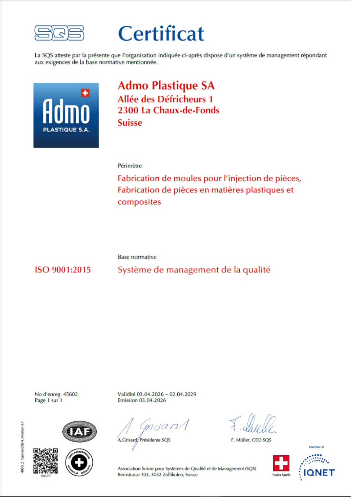 SQS-Zertifikat von ADMO Plastique