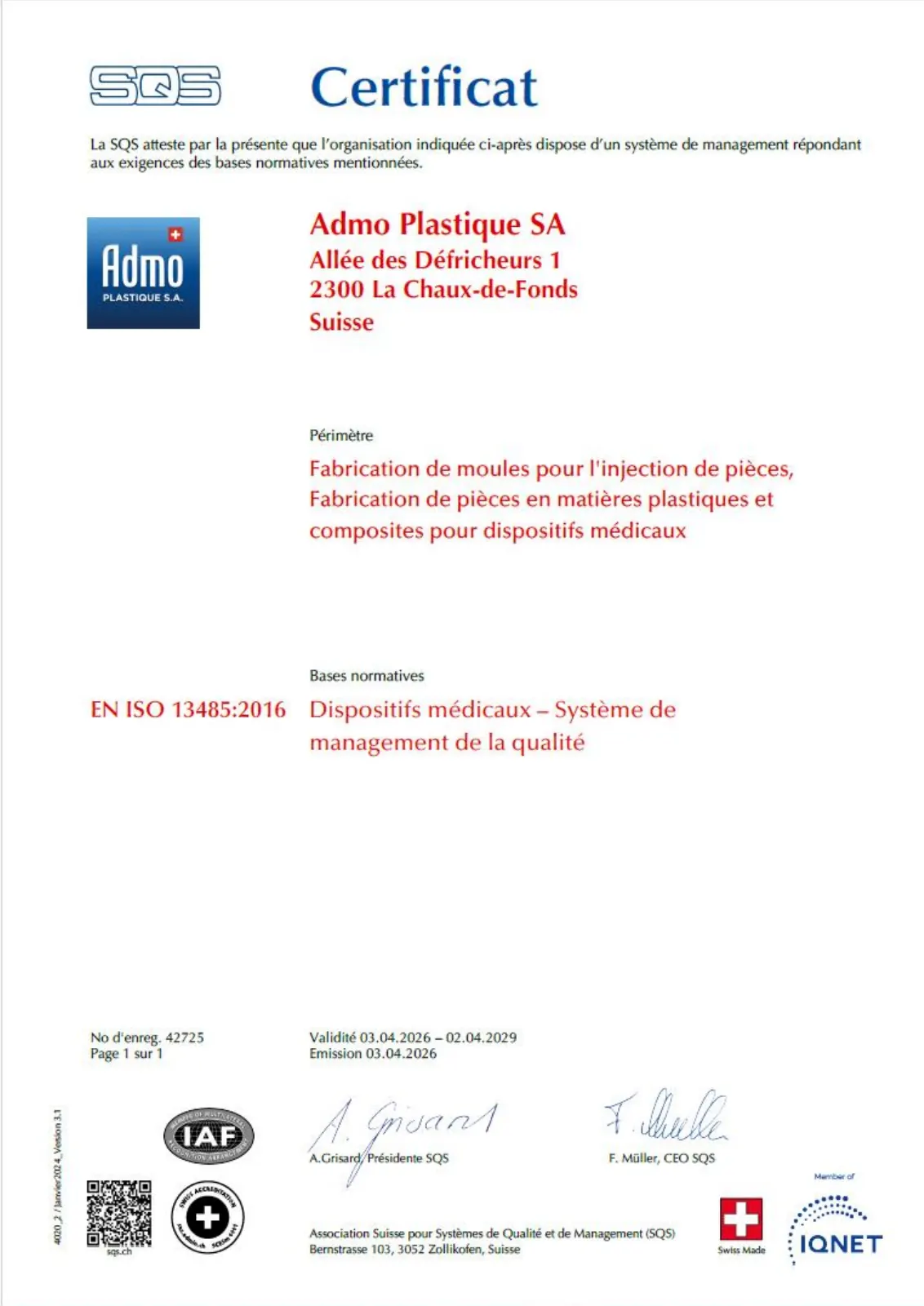 SQS-Zertifikat von ADMO Plastique