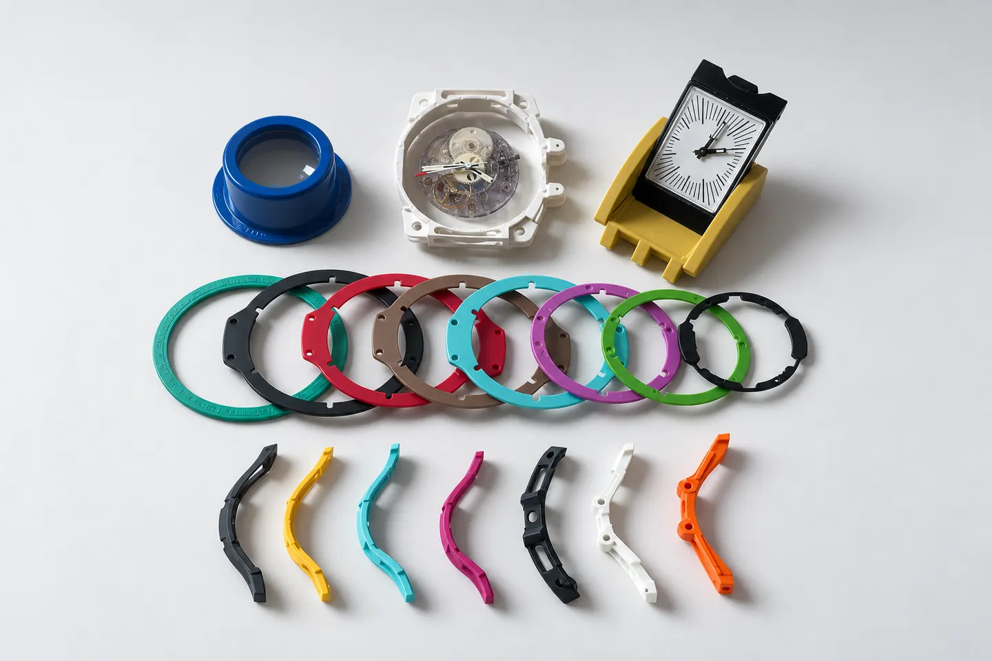 ADMO Plastique: farbige Ringe, Gehäuseseitenteile, eine blaue Lupe, ein Uhrwerk und eine rechteckige Uhr, zusammen abgebildet.