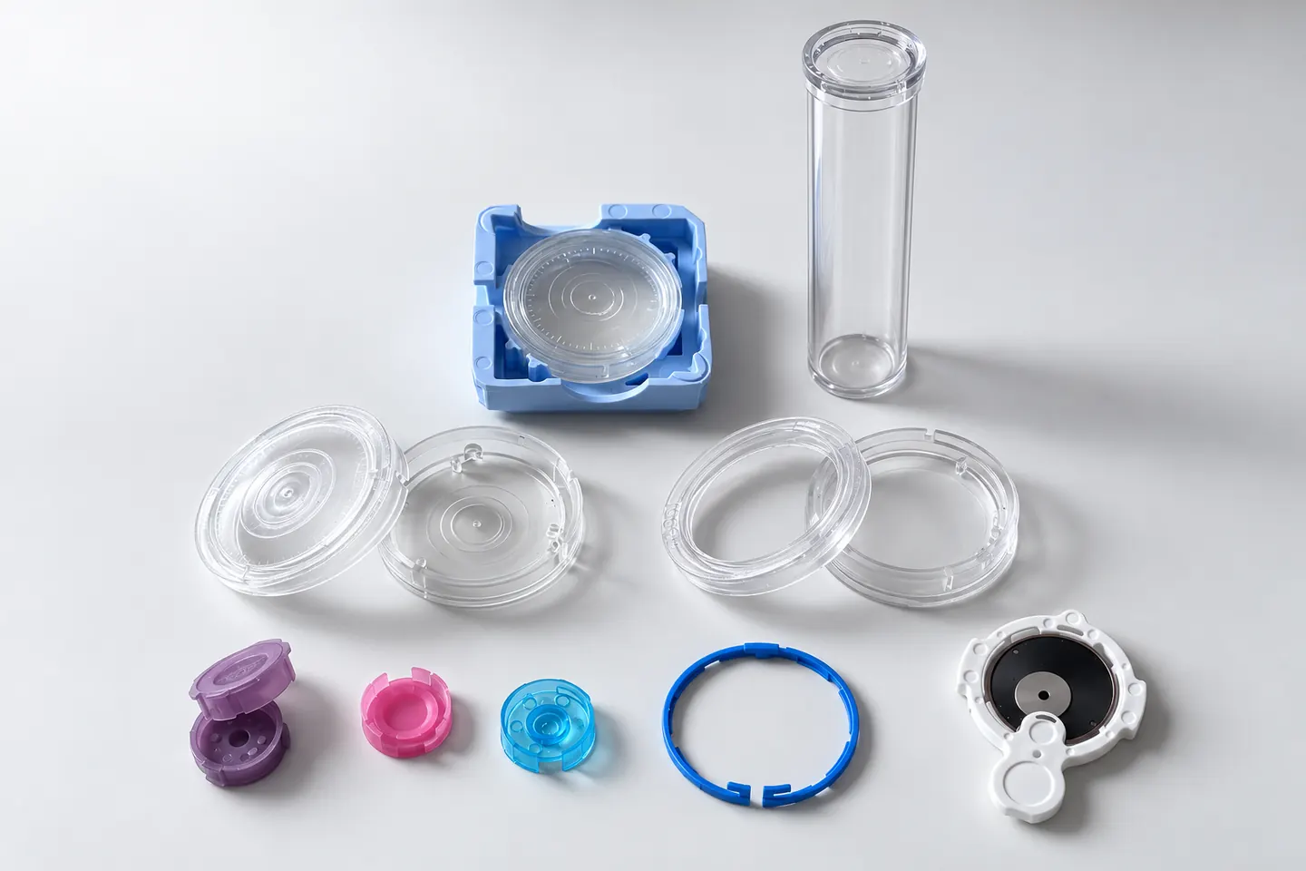 ADMO Plastique: ein blaues Shuttle, transparente Werkbehälter, ein Rohr, farbige Kapseln, ein Haltering und ein Zifferblatthalter für Transport und Lagerung.