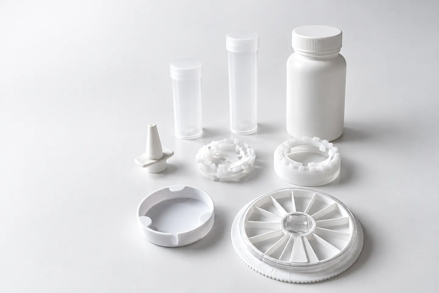 Casutt & Co und ADMO Plastique: drei Flaschen, ringförmige Zubehörteile, ein Spender mit Fächern und eine Tülle für Dental- und Pharmaanwendungen, zusammen abgebildet.