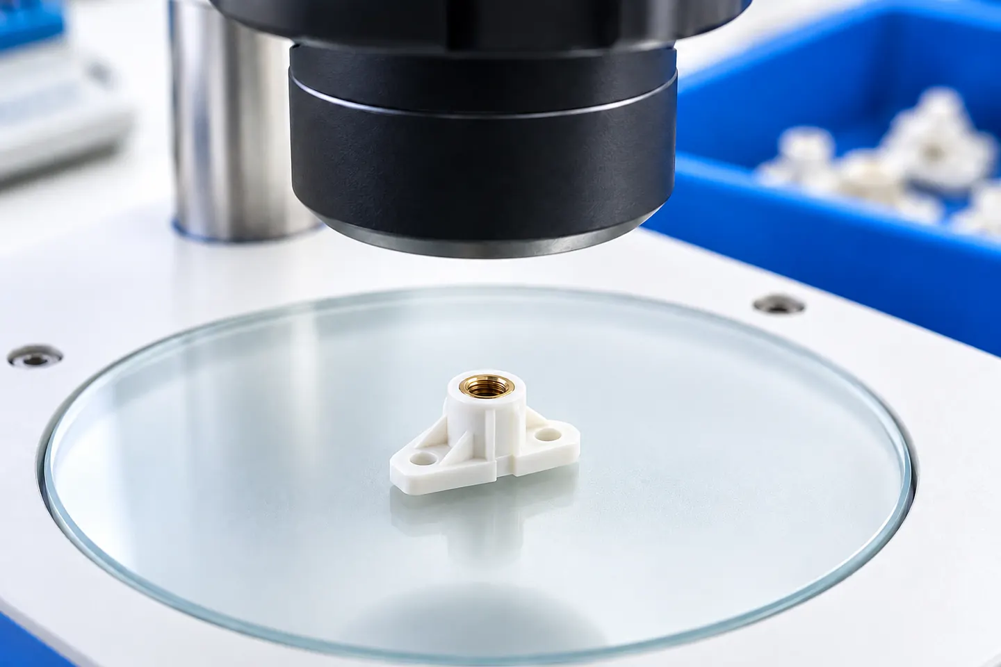 Petite pièce en polymère avec insert métallique sous un microscope