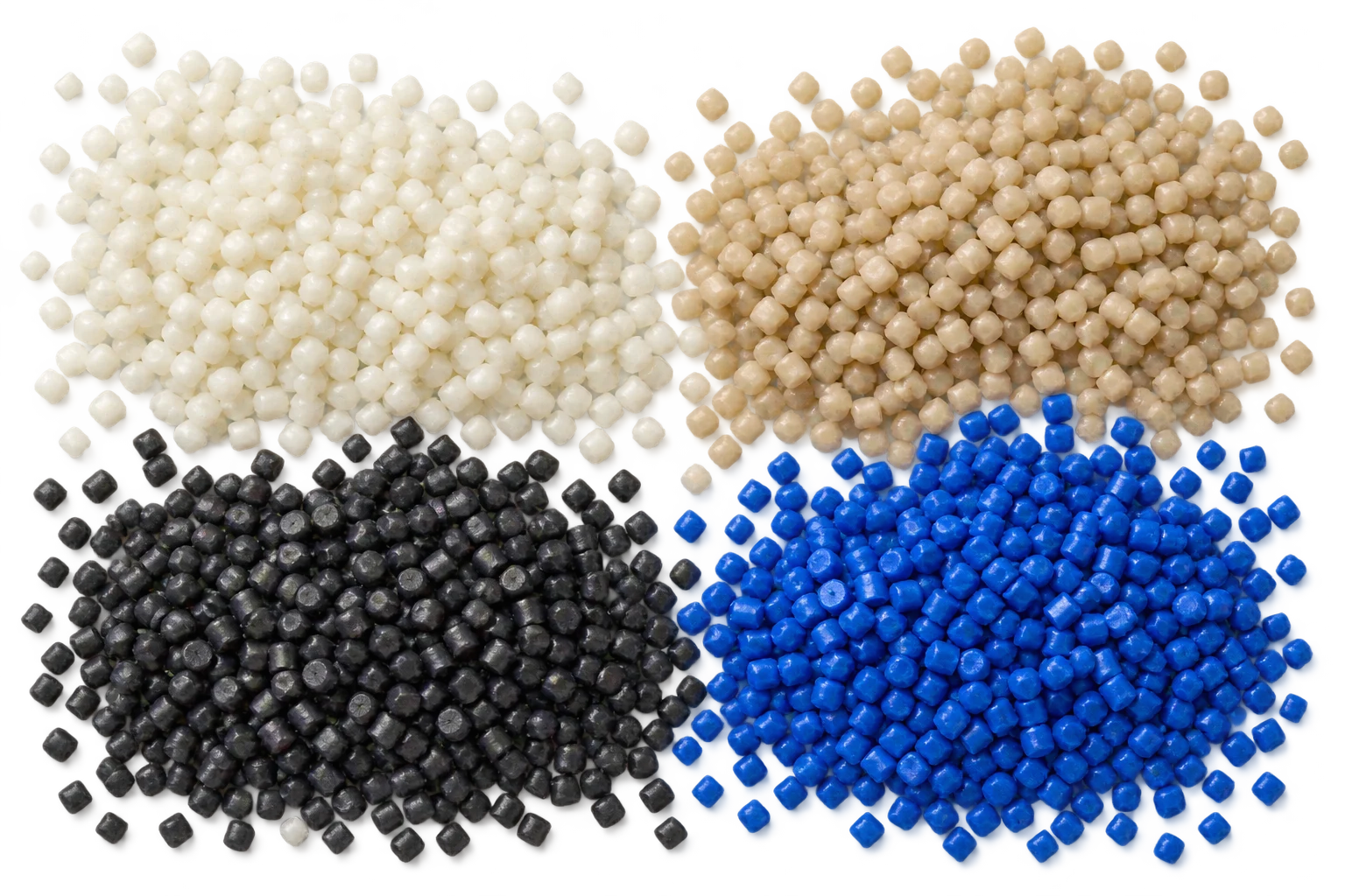 Composition illustrative de granulés de polymères naturels, beiges, noirs et bleus