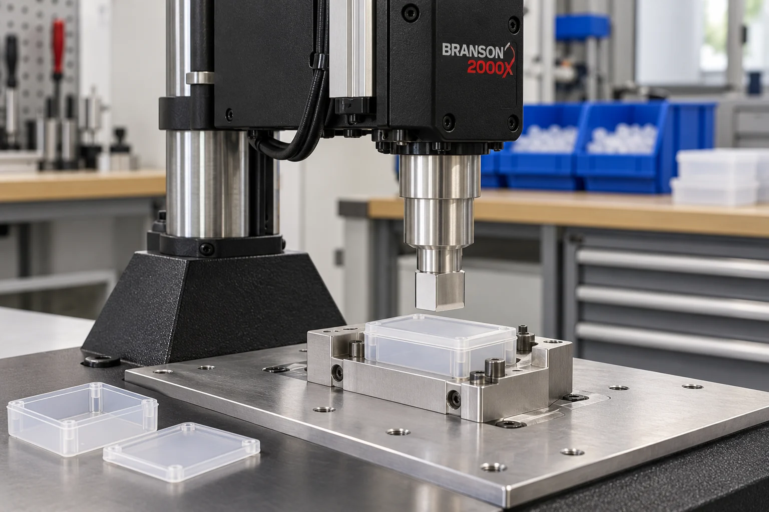 Illustration du soudage de pièces plastiques sur une machine Branson à ultrasons