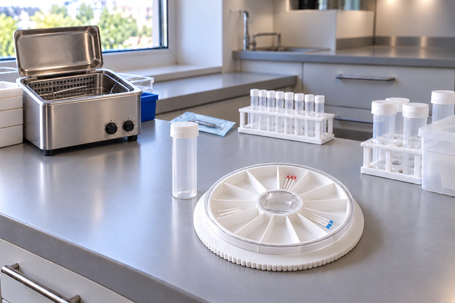 Illustration de secteur : Accessoires et flaconnage dans un univers de laboratoire dentaire