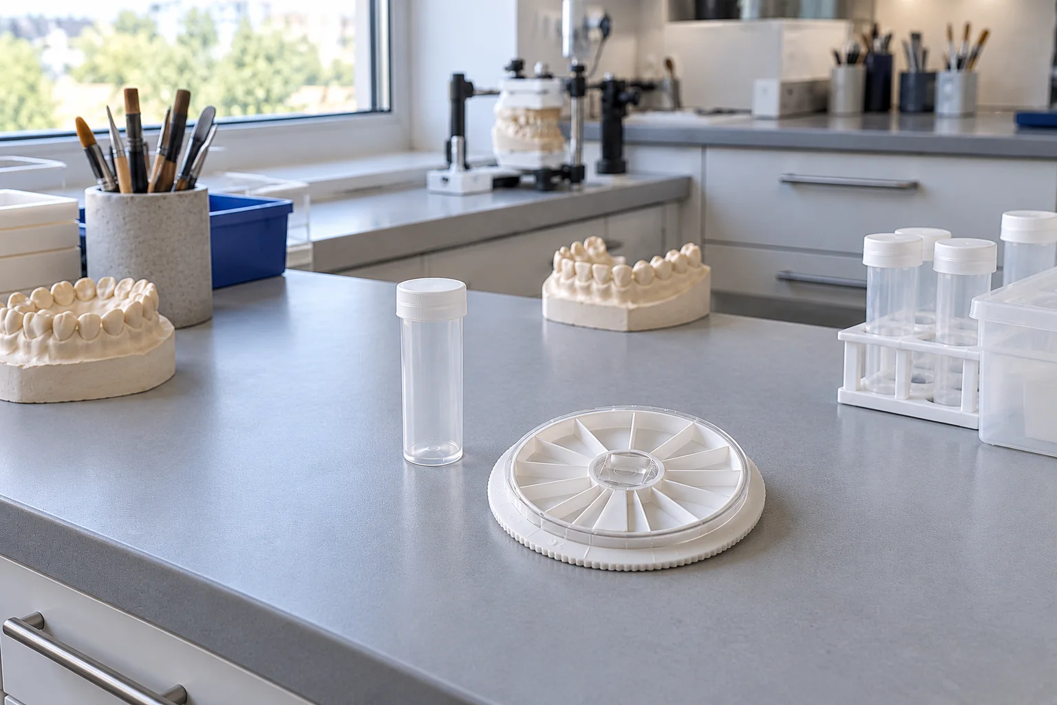 Illustration de secteur : Accessoires et flaconnage dans un univers de laboratoire dentaire