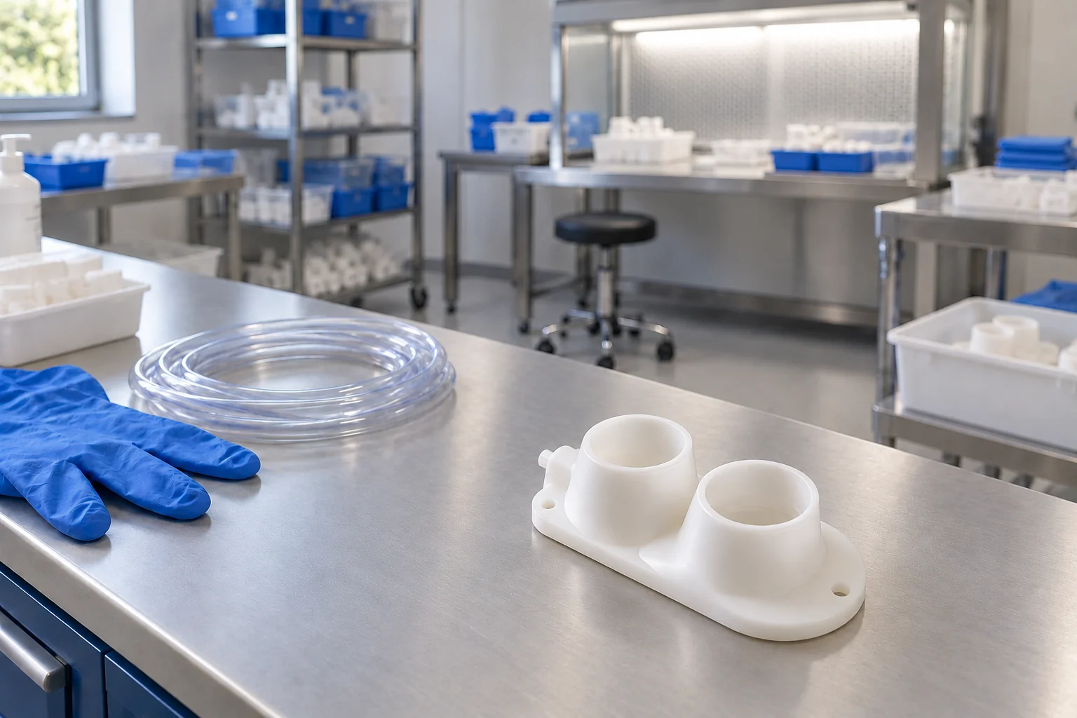 Illustration de secteur : Composant en polymère dans un environnement de production médicale propre