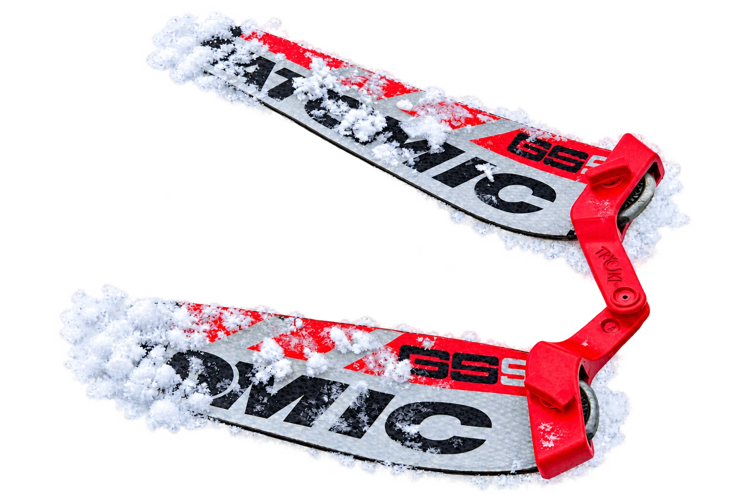 TrySki fixé aux spatules de deux skis — mise en situation illustrée d’après la photo officielle